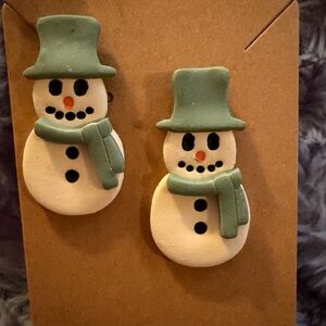Snowman Handmade Polymer Clay Earrings with Green Hat and Scarf